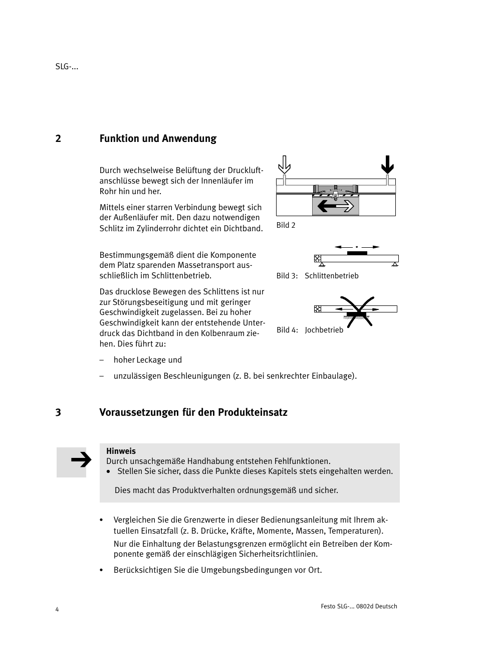 2 funktion und anwendung, 3 voraussetzungen für den produkteinsatz, 2funktion und anwendung | 3voraussetzungen für den produkteinsatz | Festo Пневматические линейные приводы SLG User Manual | Page 4 / 100