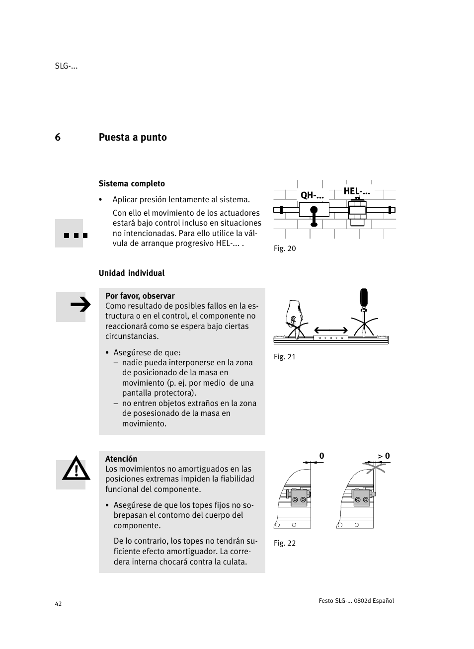 6 puesta a punto, Sistema completo fig. 20, Unidad individual | 6puesta a punto | Festo Пневматические линейные приводы SLG User Manual | Page 42 / 100