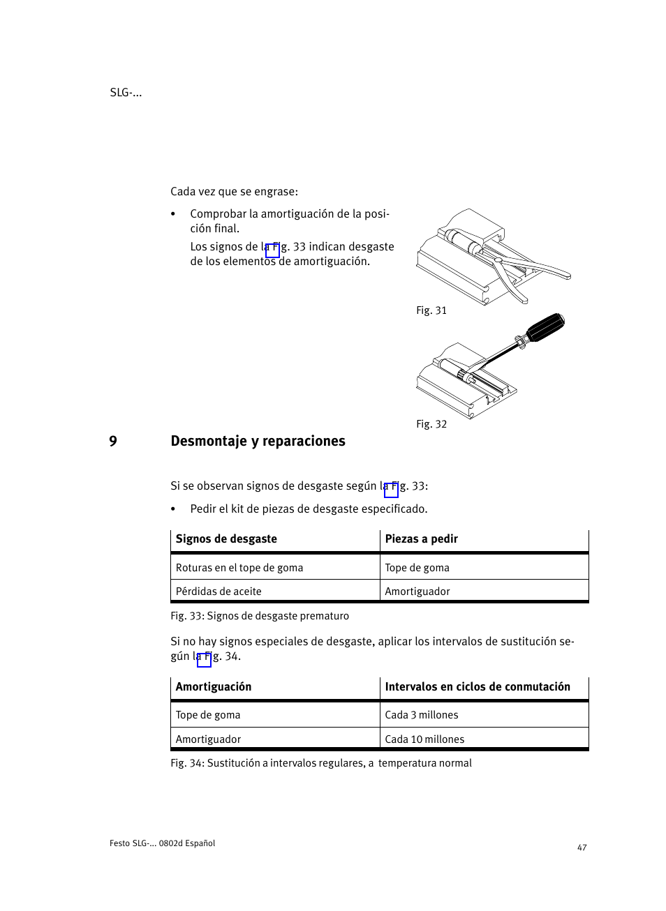 9 desmontaje y reparaciones, 9desmontaje y reparaciones | Festo Пневматические линейные приводы SLG User Manual | Page 47 / 100