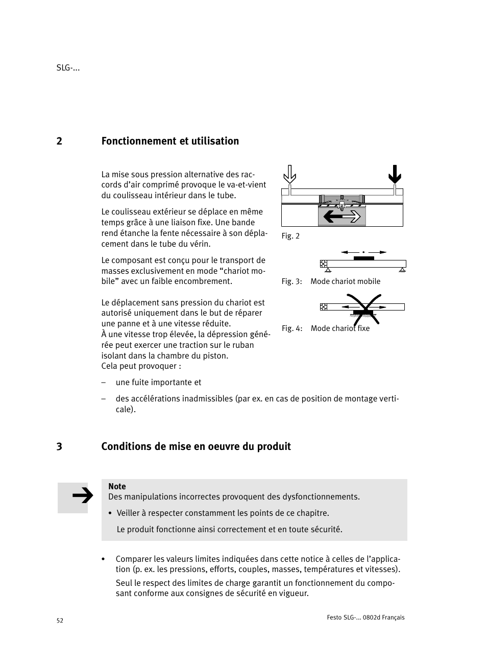 2 fonctionnement et utilisation, 3 conditions de mise en oeuvre du produit, 2fonctionnement et utilisation | 3conditions de mise en oeuvre du produit | Festo Пневматические линейные приводы SLG User Manual | Page 52 / 100