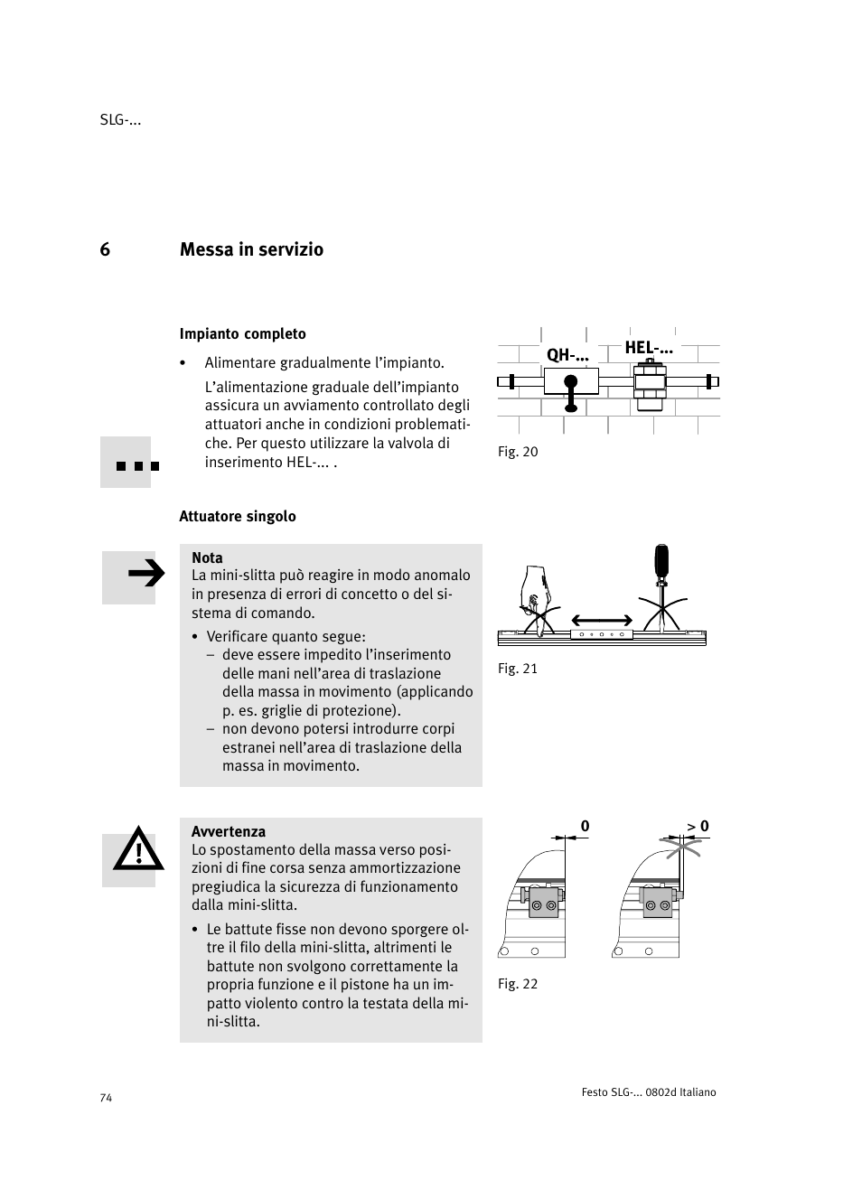 6 messa in servizio, Fig. 20 impianto completo, Attuatore singolo | 6messa in servizio | Festo Пневматические линейные приводы SLG User Manual | Page 74 / 100