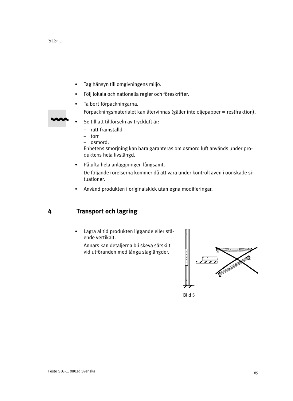 4 transport och lagring, 4transport och lagring | Festo Пневматические линейные приводы SLG User Manual | Page 85 / 100