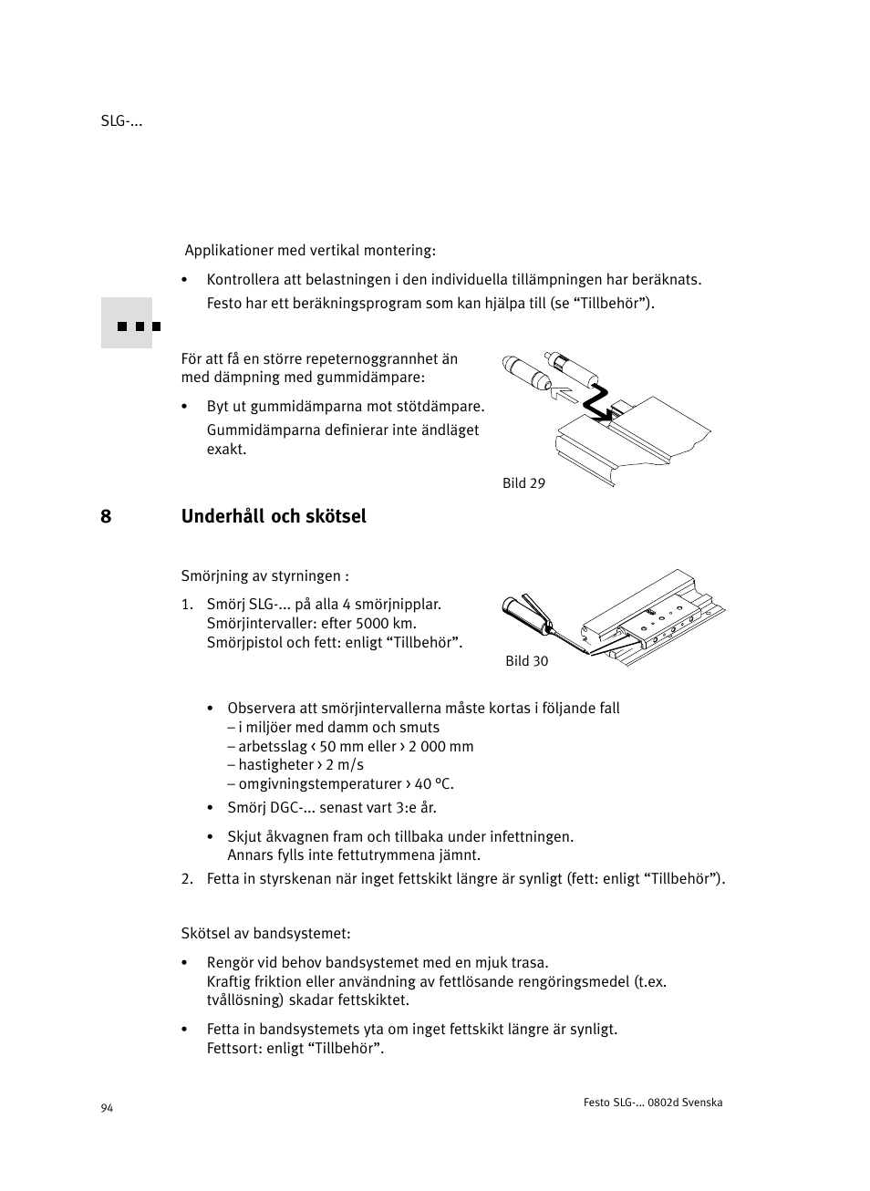 8 underhåll och skötsel, 8underhåll och skötsel | Festo Пневматические линейные приводы SLG User Manual | Page 94 / 100