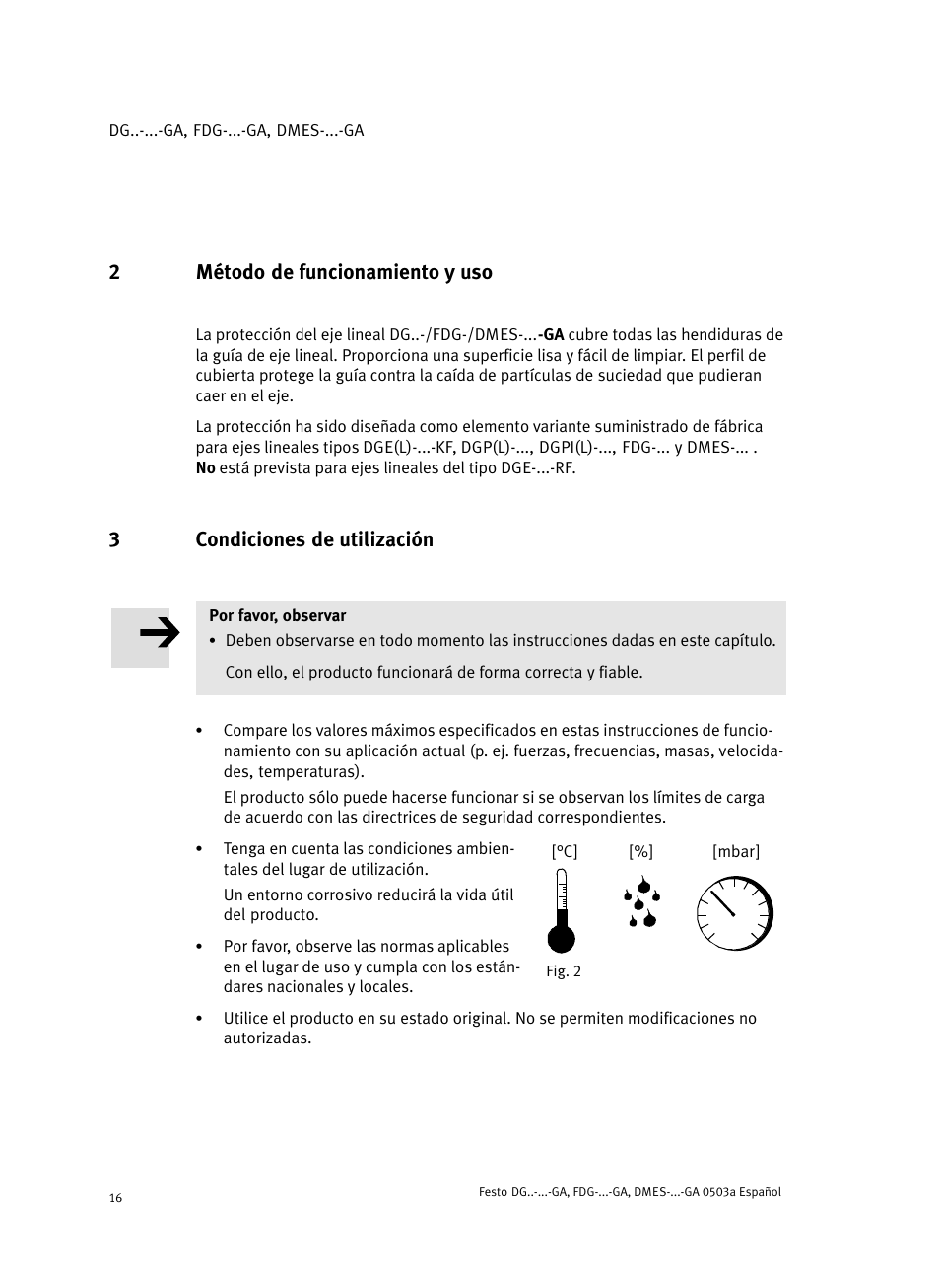 2 método de funcionamiento y uso, 3 condiciones de utilización, 2método de funcionamiento y uso | 3condiciones de utilización | Festo Привод со шпинделем и трапециевидной резьбой DMES User Manual | Page 16 / 40