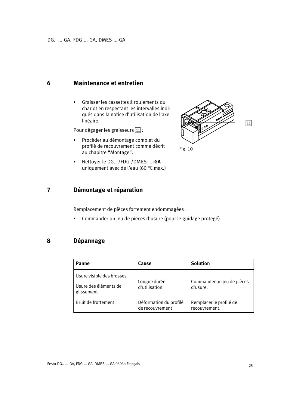 6 maintenance et entretien, 7 démontage et réparation, 8 dépannage | 6maintenance et entretien, 7démontage et réparation, 8dépannage | Festo Привод со шпинделем и трапециевидной резьбой DMES User Manual | Page 25 / 40