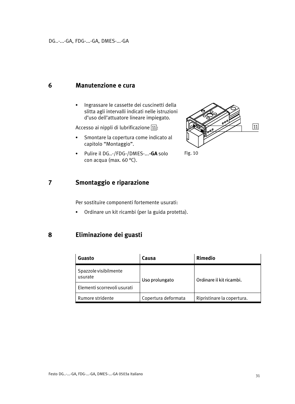 6 manutenzione e cura, 7 smontaggio e riparazione, 8 eliminazione dei guasti | 6manutenzione e cura, 7smontaggio e riparazione, 8eliminazione dei guasti | Festo Привод со шпинделем и трапециевидной резьбой DMES User Manual | Page 31 / 40