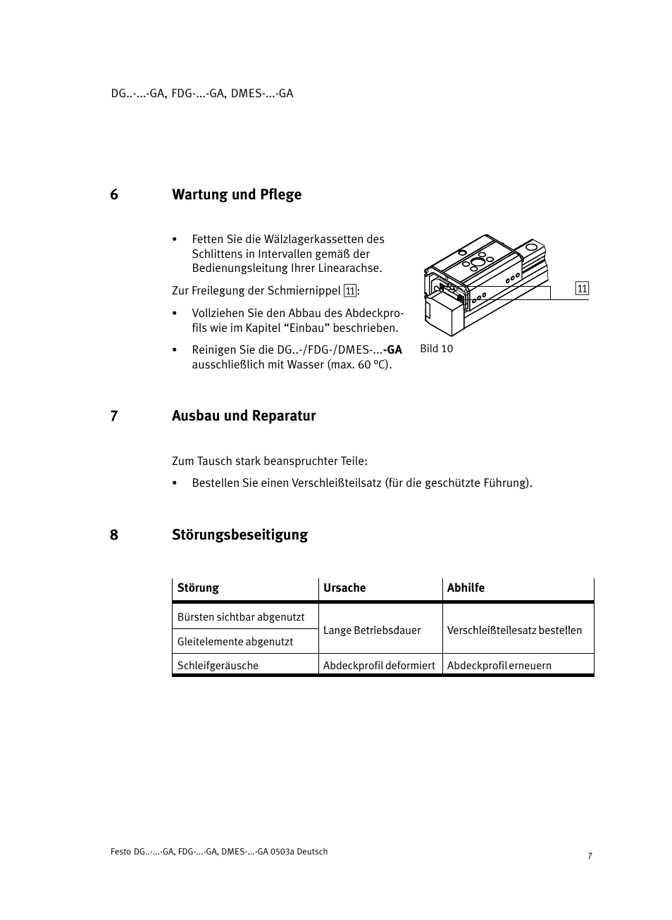 6 wartung und pflege, 7 ausbau und reparatur, 8 störungsbeseitigung | 6wartung und pflege, 7ausbau und reparatur, 8störungsbeseitigung | Festo Привод со шпинделем и трапециевидной резьбой DMES User Manual | Page 7 / 40