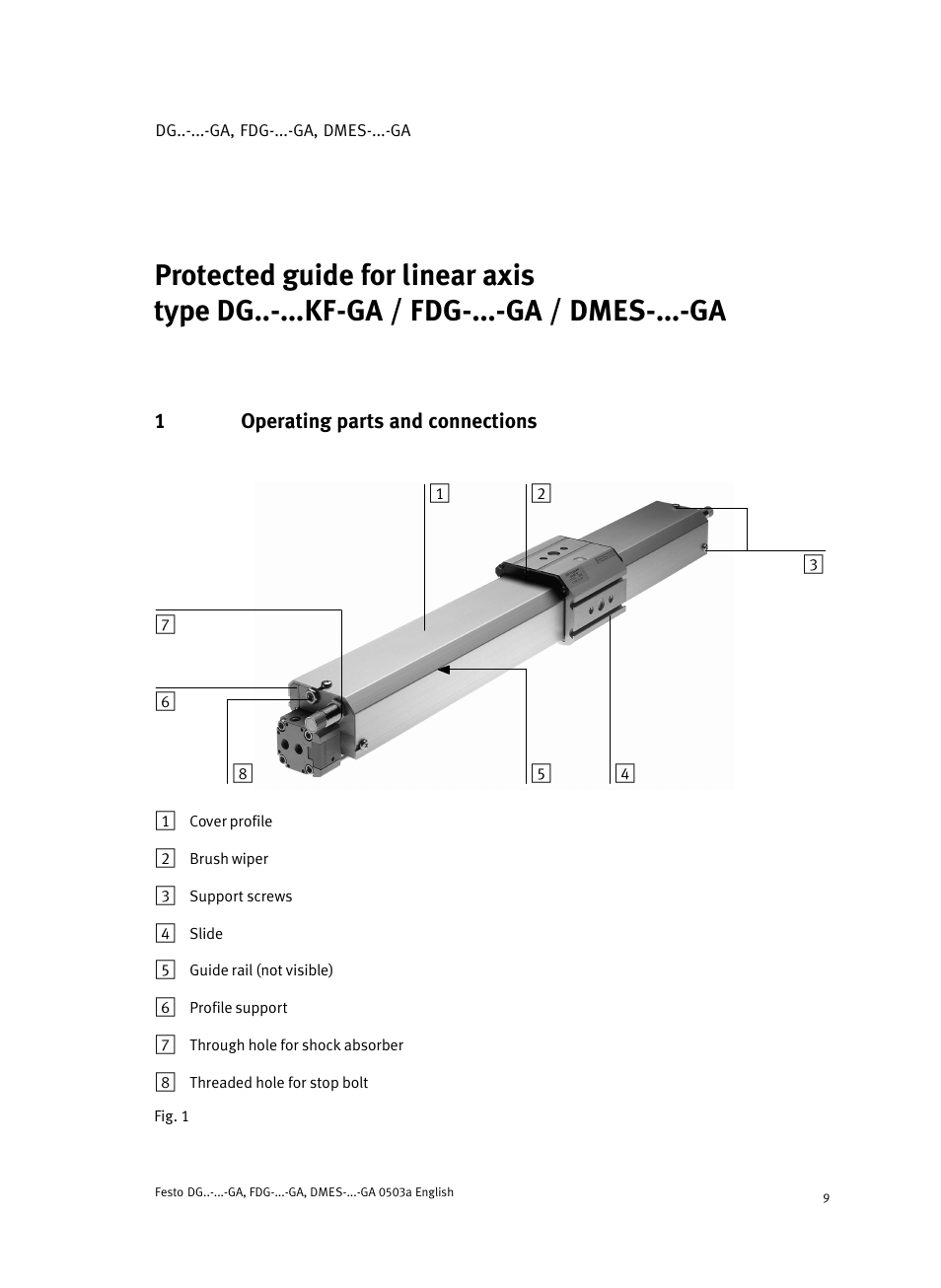 1 operating parts and connections, English | Festo Привод со шпинделем и трапециевидной резьбой DMES User Manual | Page 9 / 40