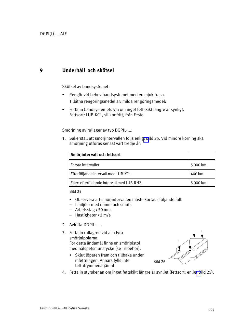 9 underhåll och skötsel, 9underhåll och skötsel | Festo Линейный привод с датчиком перемещения DGPIL User Manual | Page 105 / 112