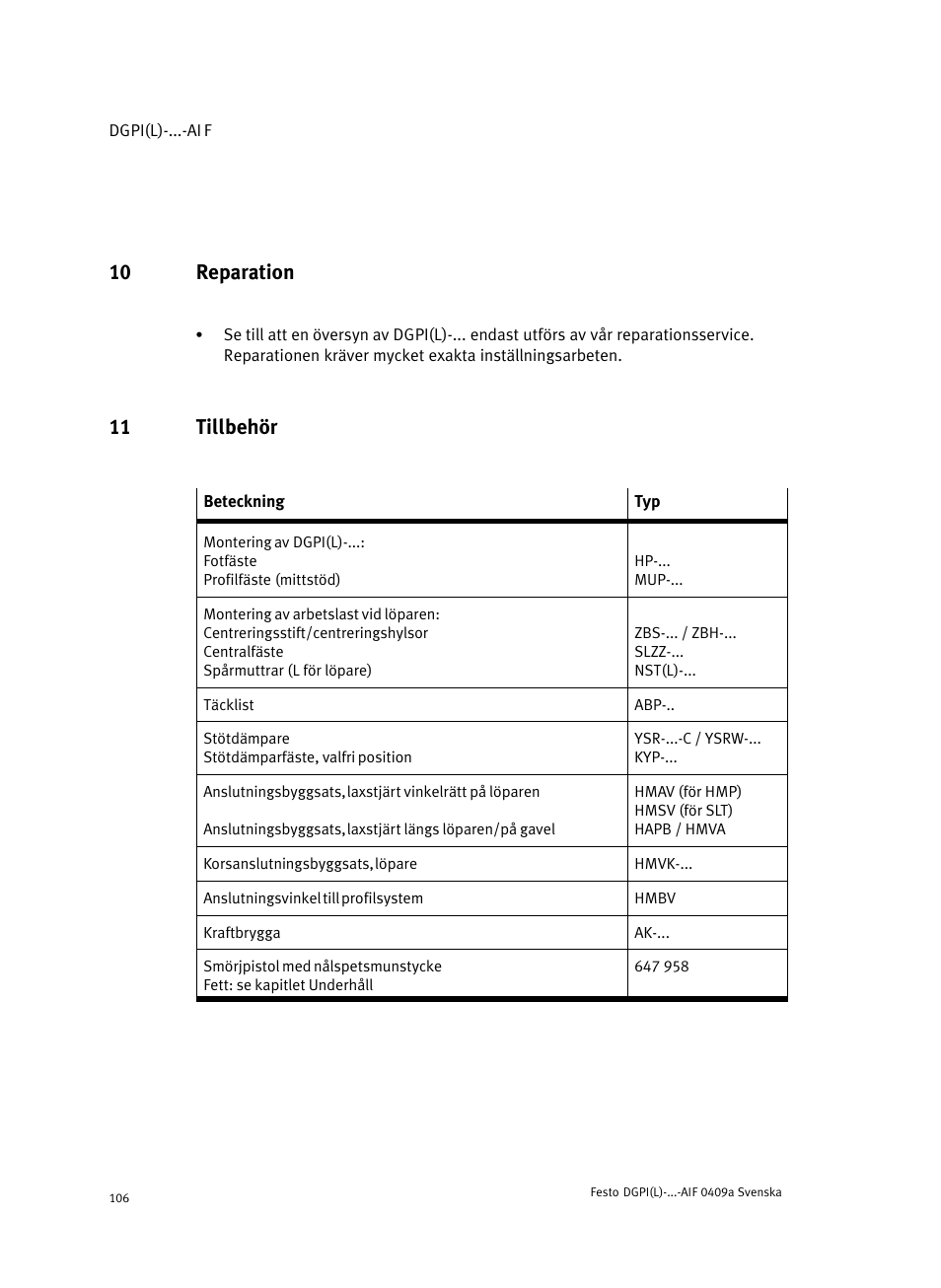 10 reparation, 11 tillbehör | Festo Линейный привод с датчиком перемещения DGPIL User Manual | Page 106 / 112