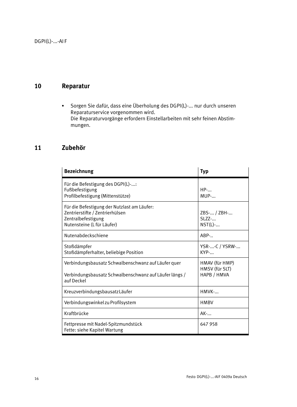 10 reparatur, 11 zubehör | Festo Линейный привод с датчиком перемещения DGPIL User Manual | Page 16 / 112