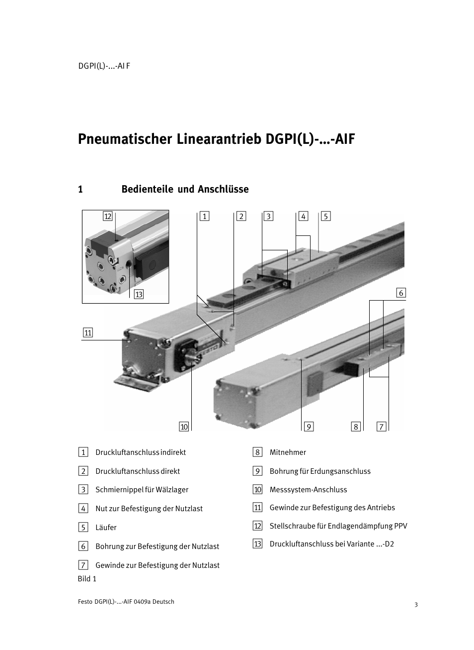 1 bedienteile und anschlüsse, Pneumatischer linearantrieb dgpi(l)− ū−aif deutsch | Festo Линейный привод с датчиком перемещения DGPIL User Manual | Page 3 / 112