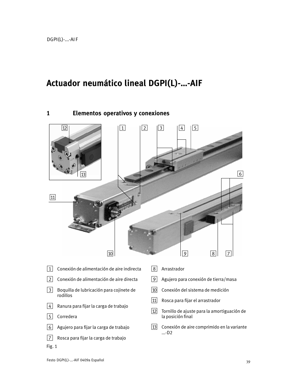 1 elementos operativos y conexiones, Actuador neumático lineal dgpi(l)− ū−aif español | Festo Линейный привод с датчиком перемещения DGPIL User Manual | Page 39 / 112