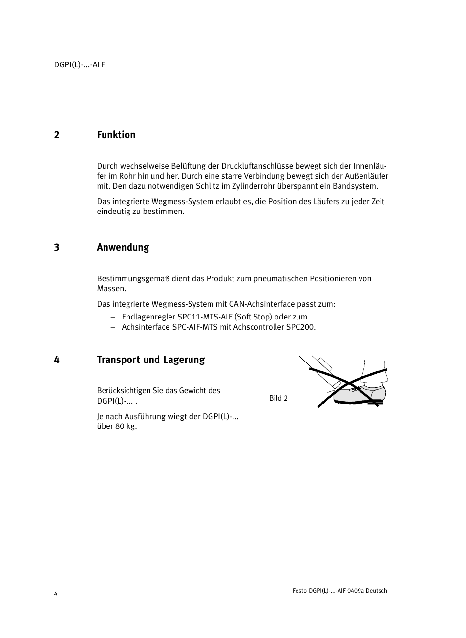 2 funktion, 3 anwendung, 4 bild 2 transport und lagerung | Festo Линейный привод с датчиком перемещения DGPIL User Manual | Page 4 / 112