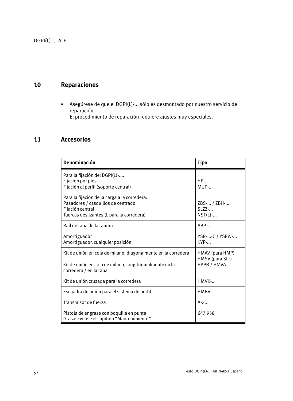 10 reparaciones, 11 accesorios | Festo Линейный привод с датчиком перемещения DGPIL User Manual | Page 52 / 112