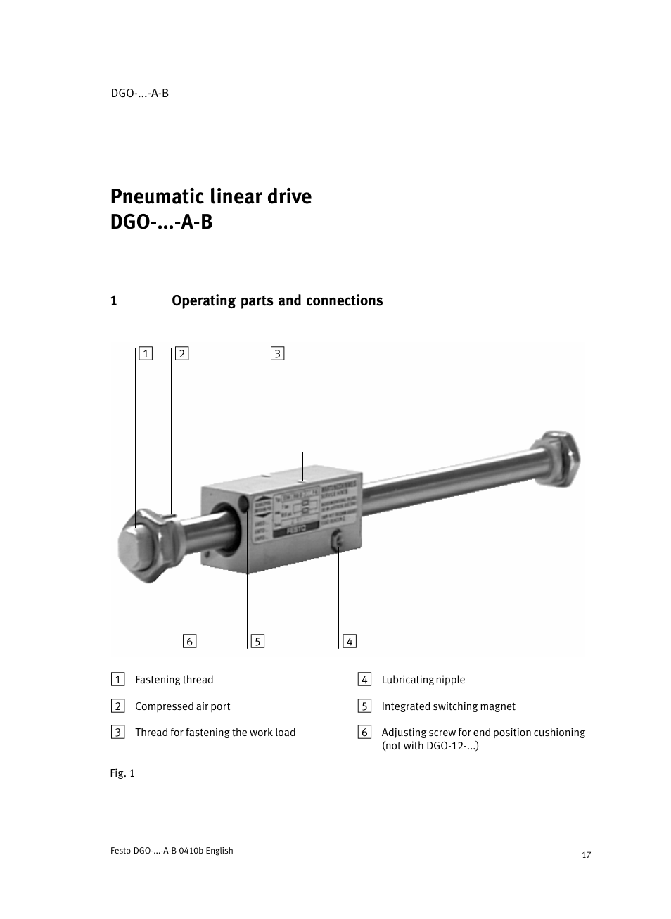 Englishpneumatic linear drive dgo-...-a-benglish, 1 operating parts and connections, Pneumatic linear drive dgo−...−a−b english | Festo Линейные приводы DGO, дюймовые User Manual | Page 17 / 88