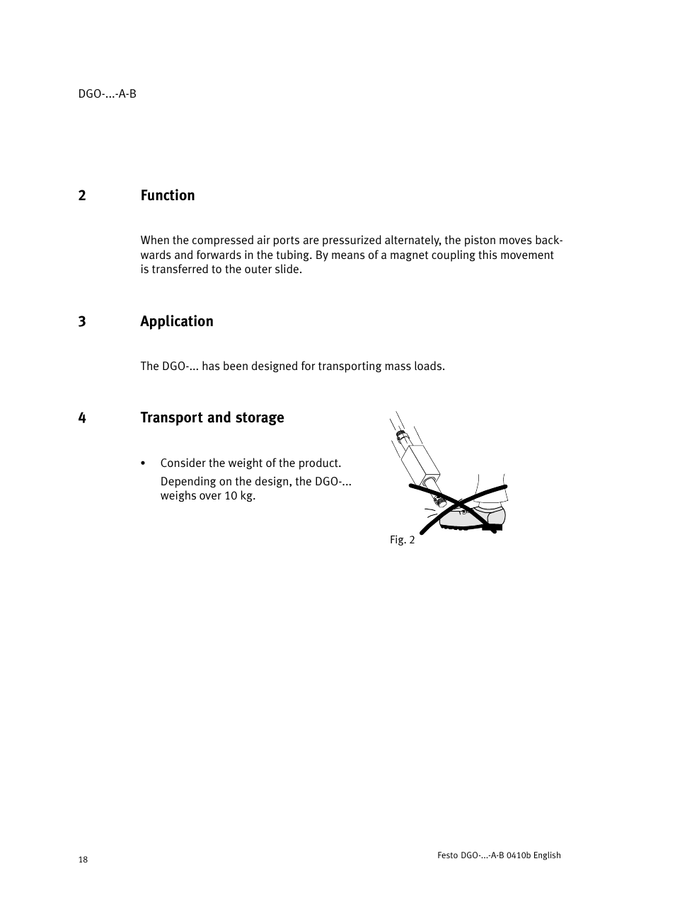 2 function, 3 application, 4 fig. 2 transport and storage | Festo Линейные приводы DGO, дюймовые User Manual | Page 18 / 88