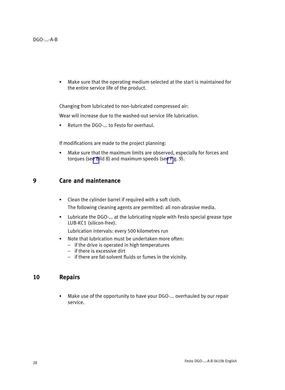 9 care and maintenance, 10 repairs, 9care and maintenance | Festo Линейные приводы DGO, дюймовые User Manual | Page 28 / 88