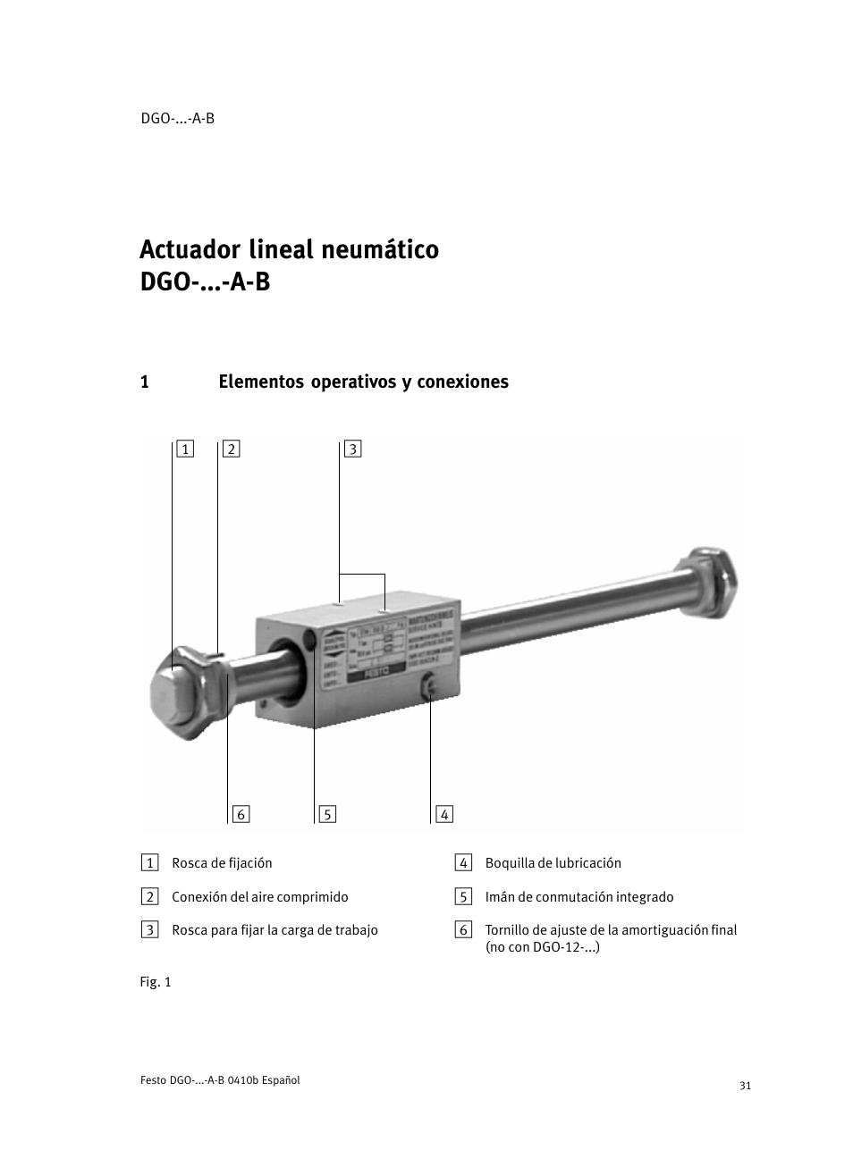 1 elementos operativos y conexiones, Actuador lineal neumático dgo−...−a−b español | Festo Линейные приводы DGO, дюймовые User Manual | Page 31 / 88