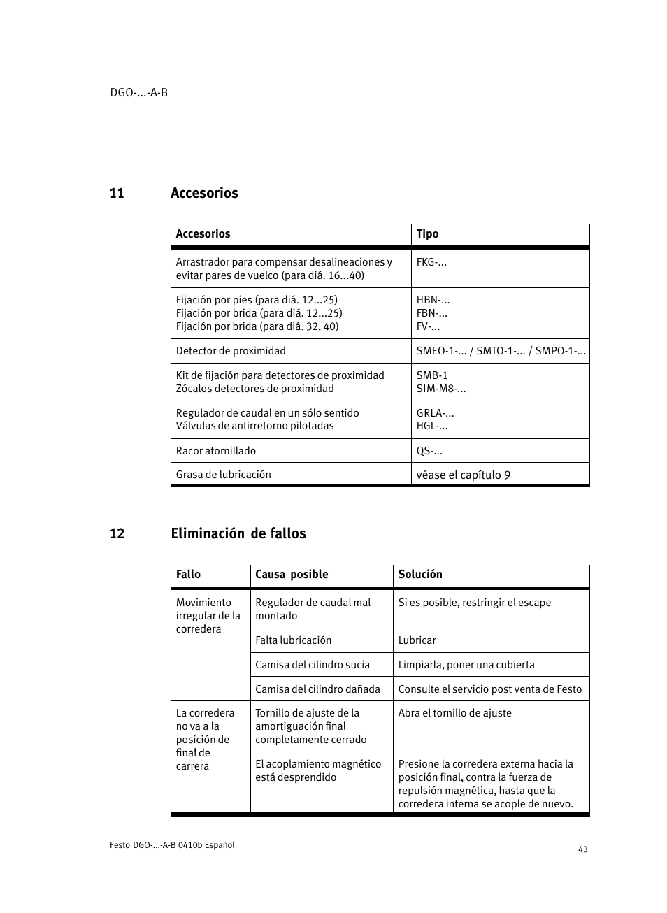 11 accesorios, 12 eliminación de fallos | Festo Линейные приводы DGO, дюймовые User Manual | Page 43 / 88