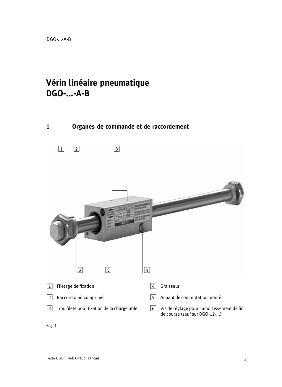 1 organes de commande et de raccordement, Vérin linéaire pneumatique dgo−...−a−b francais | Festo Линейные приводы DGO, дюймовые User Manual | Page 45 / 88