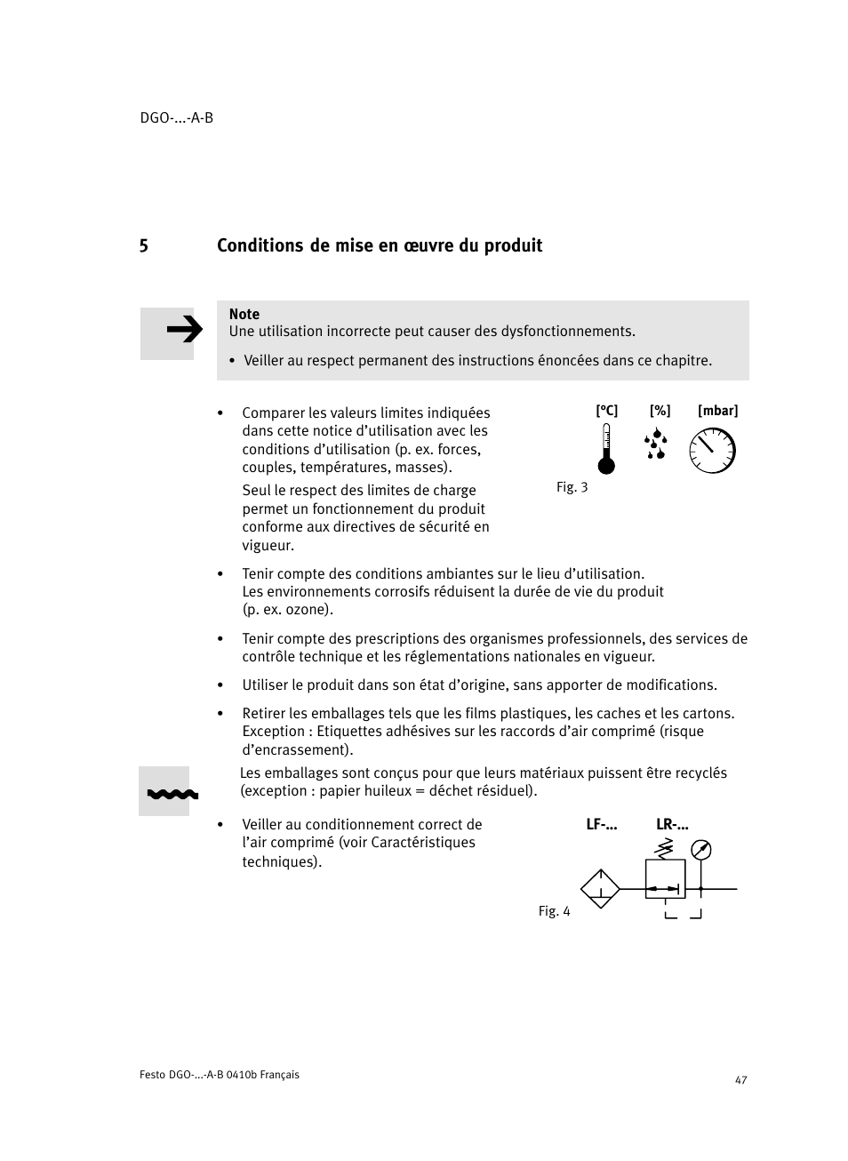 5 conditions de mise en ĺuvre du produit, 5conditions de mise en ĺuvre du produit | Festo Линейные приводы DGO, дюймовые User Manual | Page 47 / 88