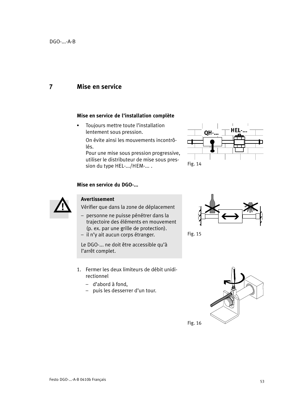 7 mise en service, Mise en service de l'installation complète, Mise en service du dgo | 7mise en service | Festo Линейные приводы DGO, дюймовые User Manual | Page 53 / 88