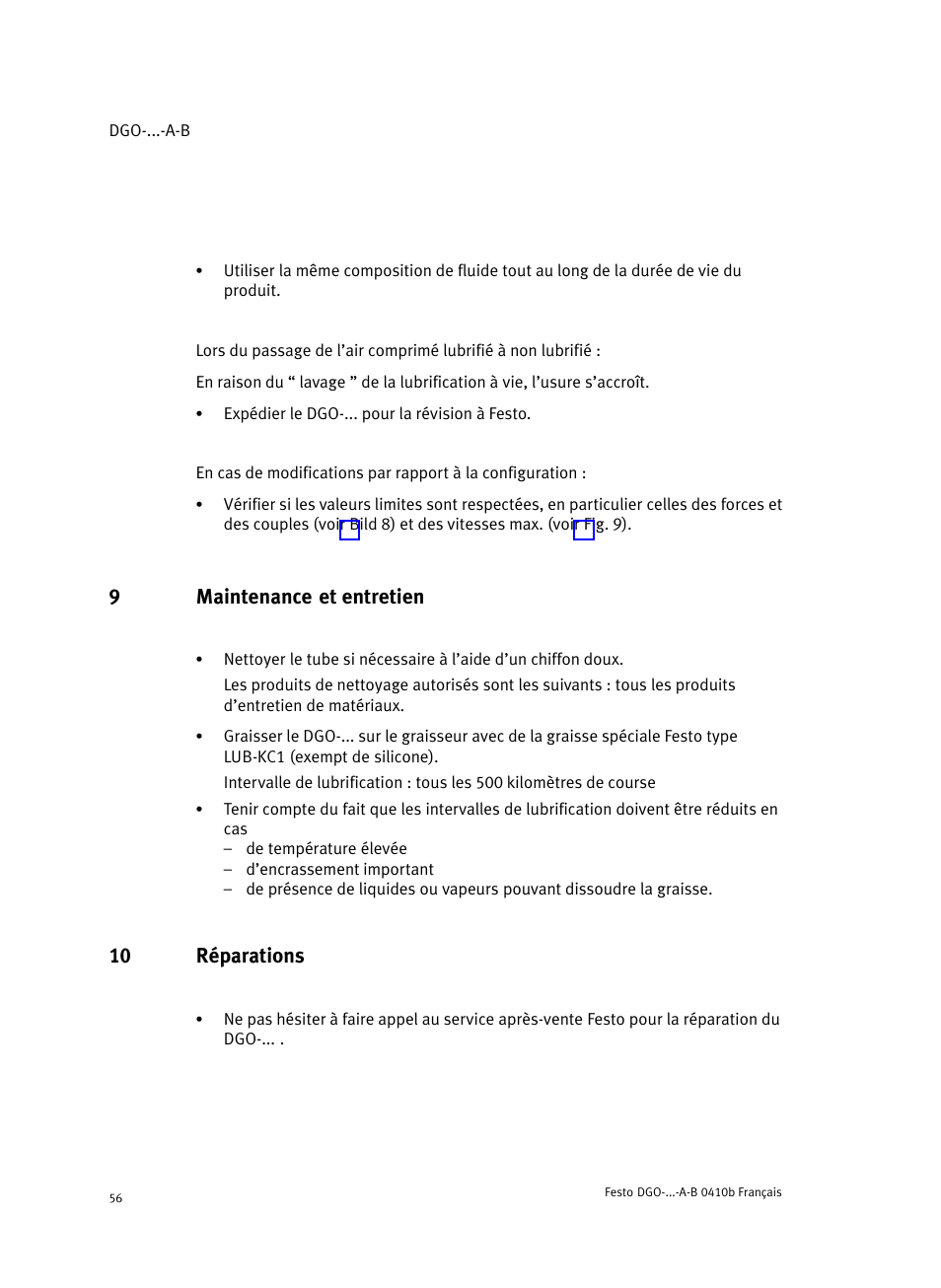 9 maintenance et entretien, 10 réparations, 9maintenance et entretien | Festo Линейные приводы DGO, дюймовые User Manual | Page 56 / 88