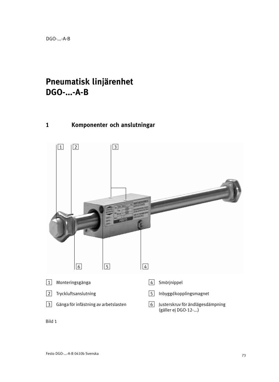 Svenskapneumatisk linjärenhet dgo-...-a-bsvenska, 1 komponenter och anslutningar, Pneumatisk linjärenhet dgo−...−a−b svenska | Festo Линейные приводы DGO, дюймовые User Manual | Page 73 / 88