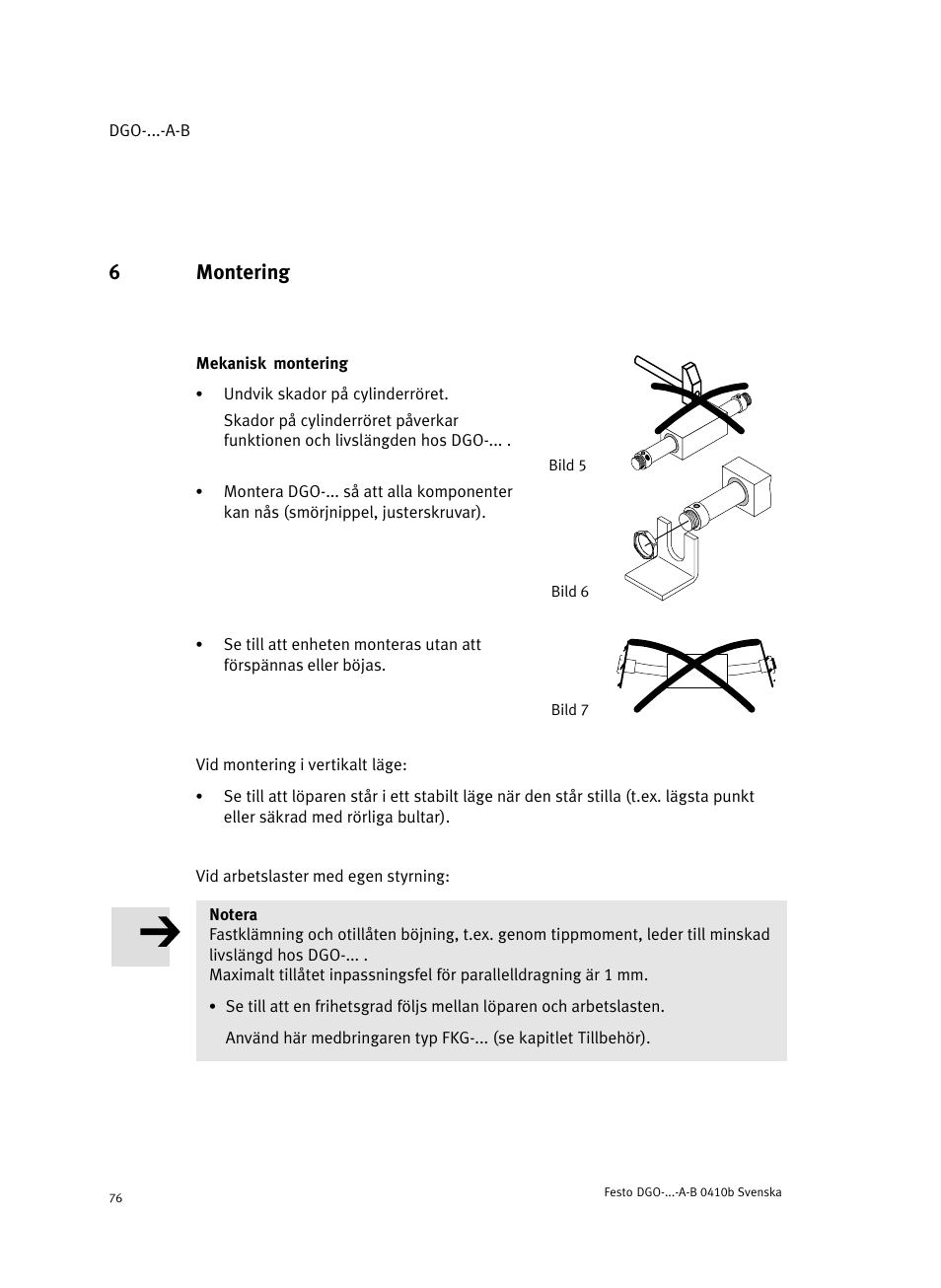 6 montering, Mekanisk montering, 6montering | Festo Линейные приводы DGO, дюймовые User Manual | Page 76 / 88