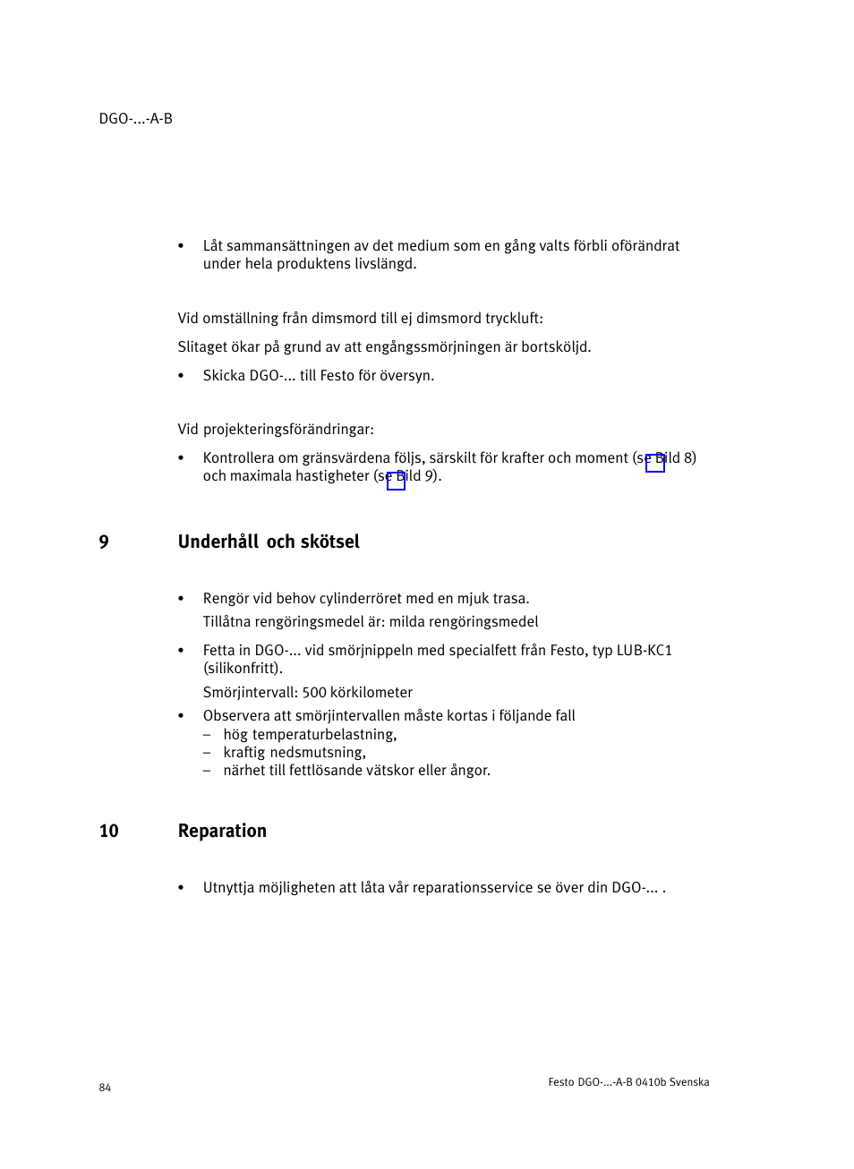 9 underhåll och skötsel, 10 reparation, 9underhåll och skötsel | Festo Линейные приводы DGO, дюймовые User Manual | Page 84 / 88