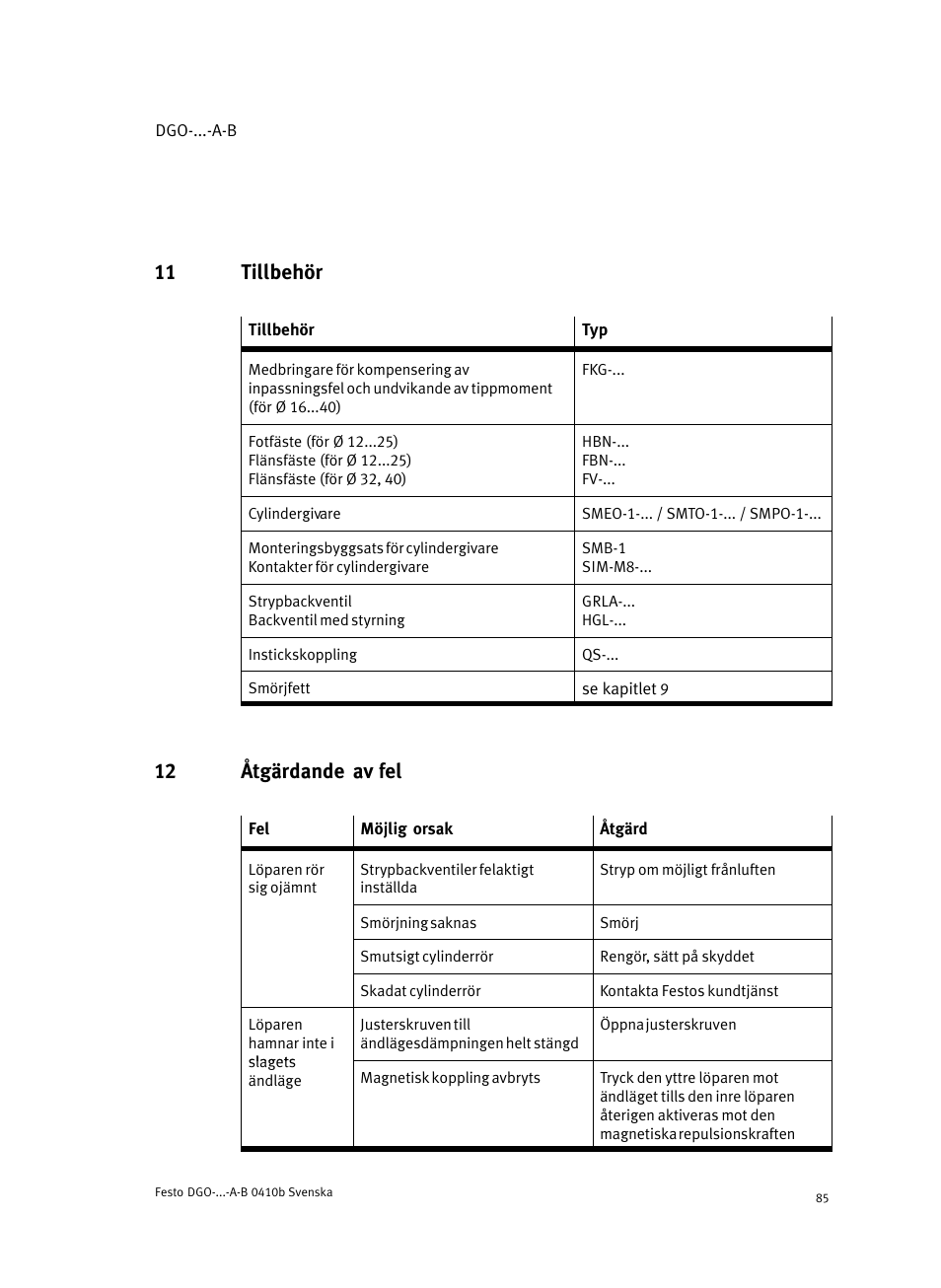 11 tillbehör, 12 åtgärdande av fel | Festo Линейные приводы DGO, дюймовые User Manual | Page 85 / 88