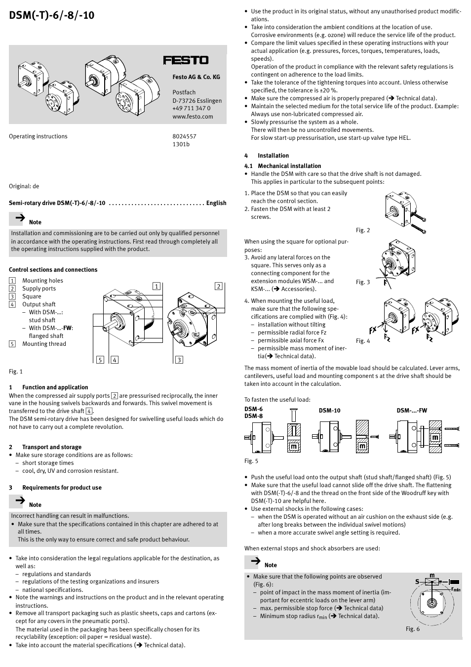 Semi-rotary drive dsm(-t)-6/-8/-10 english, 1 function and application, 2 transport and storage | 3 requirements for product use, 4 installation, 1 mechanical installation, Dsm(-t)-6/-8/-10 | Festo Модули перемещения HSW User Manual | Page 3 / 12