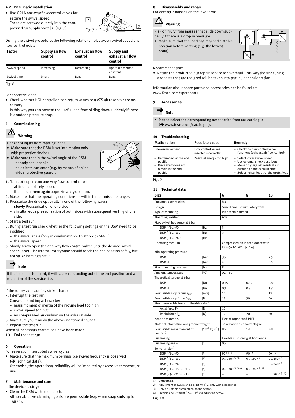 2 pneumatic installation, 5 commissioning, 6 operation | 7 maintenance and care, 8 disassembly and repair, 9 accessories, 10 troubleshooting, 11 technical data | Festo Модули перемещения HSW User Manual | Page 4 / 12