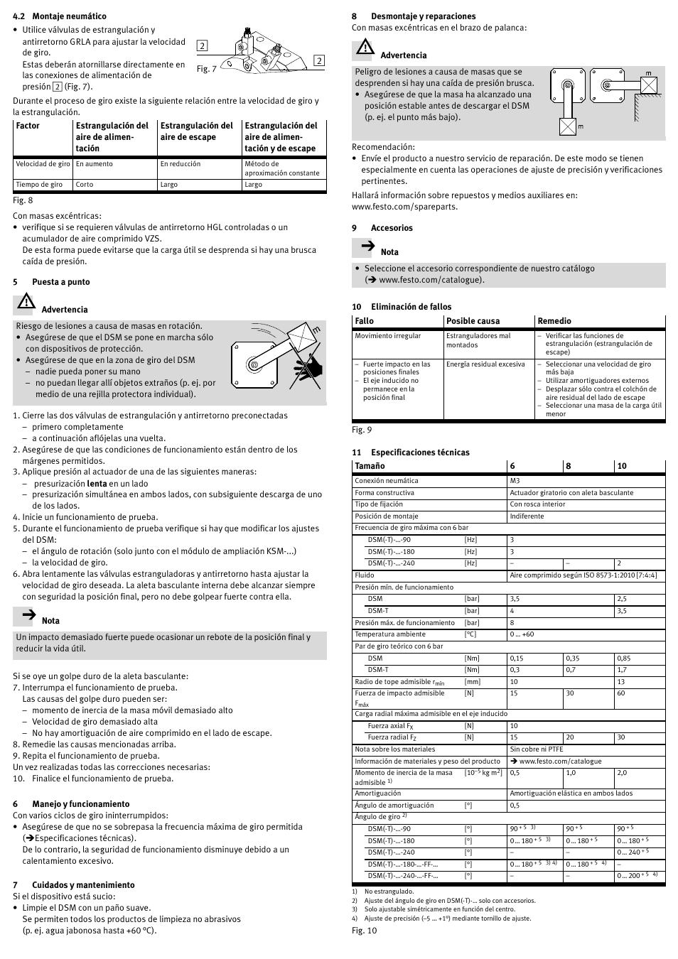 2 montaje neumático, 5 puesta a punto, 6 manejo y funcionamiento | 7 cuidados y mantenimiento, 8 desmontaje y reparaciones, 9 accesorios, 10 eliminación de fallos, 11 especificaciones técnicas | Festo Модули перемещения HSW User Manual | Page 6 / 12