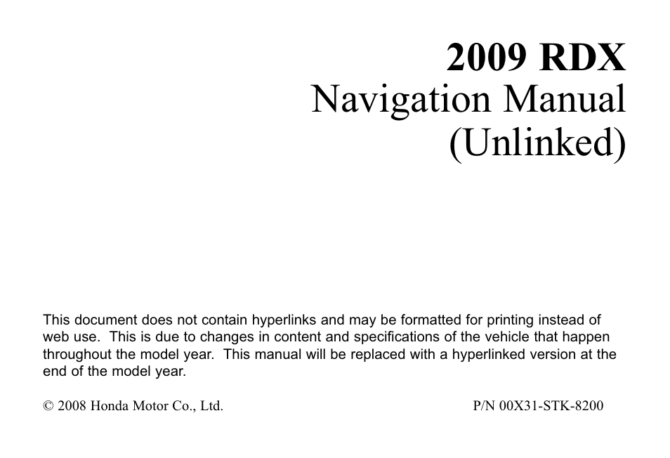 Acura 2009 RDX 00X31-STK-8200 User Manual | 164 pages