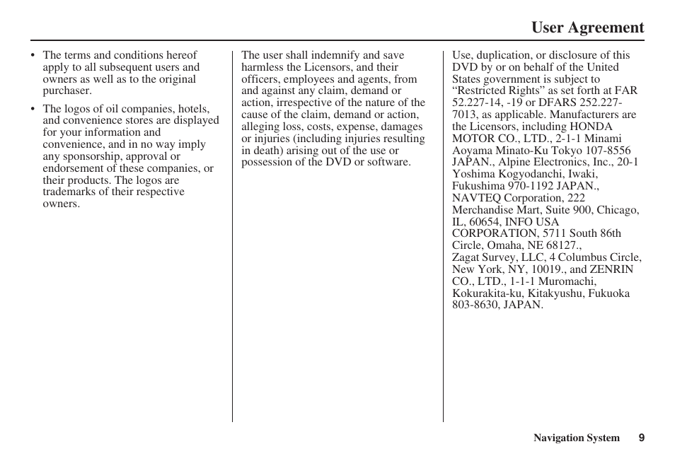 User agreement | Acura 2009 RDX 00X31-STK-8200 User Manual | Page 10 / 164