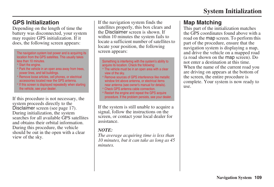 System initialization | Acura 2009 RDX 00X31-STK-8200 User Manual | Page 110 / 164