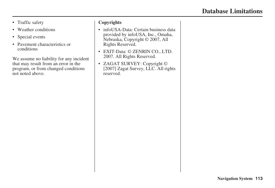 Database limitations | Acura 2009 RDX 00X31-STK-8200 User Manual | Page 114 / 164