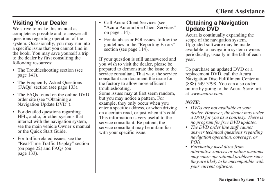 Client assistance | Acura 2009 RDX 00X31-STK-8200 User Manual | Page 116 / 164