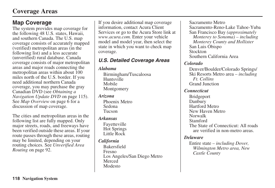 Coverage areas | Acura 2009 RDX 00X31-STK-8200 User Manual | Page 119 / 164