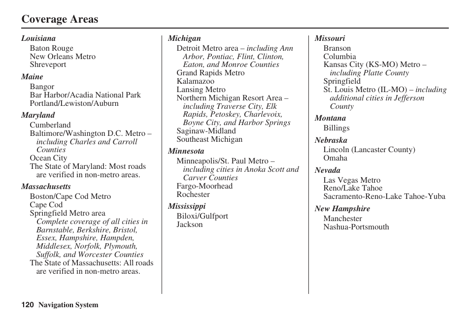 Coverage areas | Acura 2009 RDX 00X31-STK-8200 User Manual | Page 121 / 164