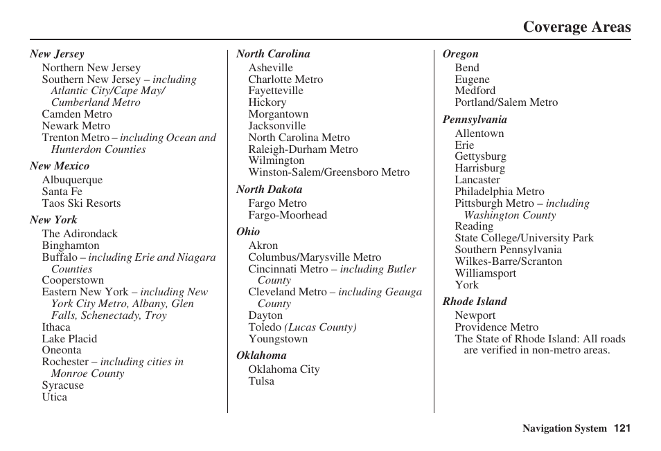 Coverage areas | Acura 2009 RDX 00X31-STK-8200 User Manual | Page 122 / 164