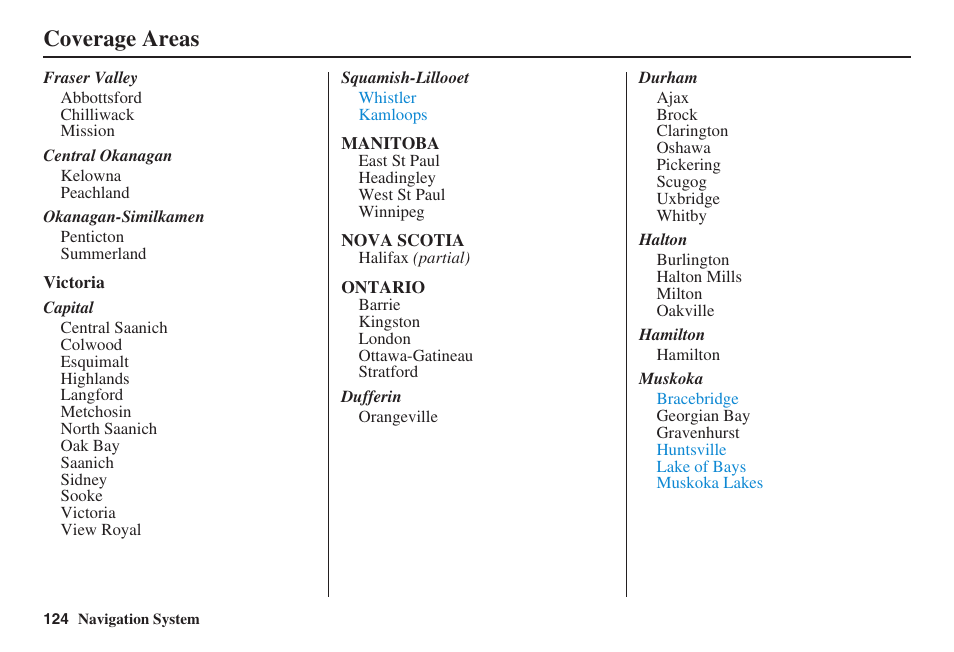 Coverage areas | Acura 2009 RDX 00X31-STK-8200 User Manual | Page 125 / 164