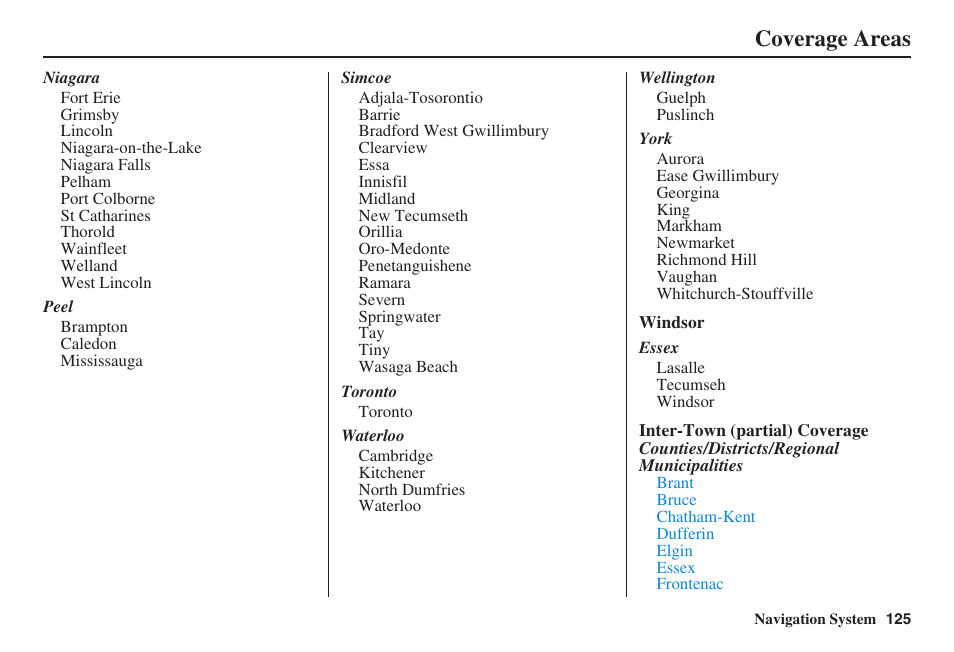 Coverage areas | Acura 2009 RDX 00X31-STK-8200 User Manual | Page 126 / 164