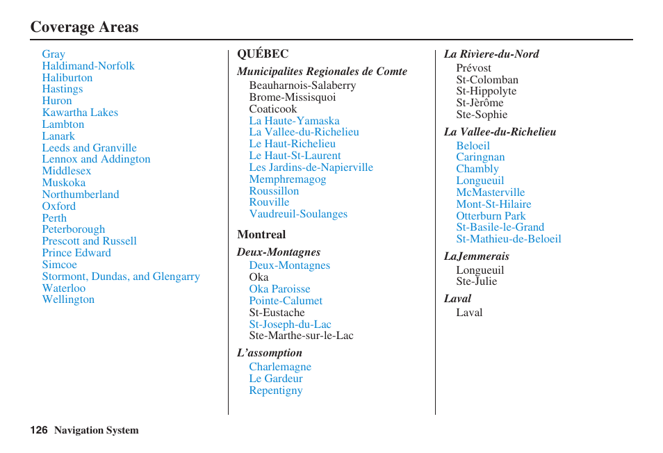 Coverage areas | Acura 2009 RDX 00X31-STK-8200 User Manual | Page 127 / 164