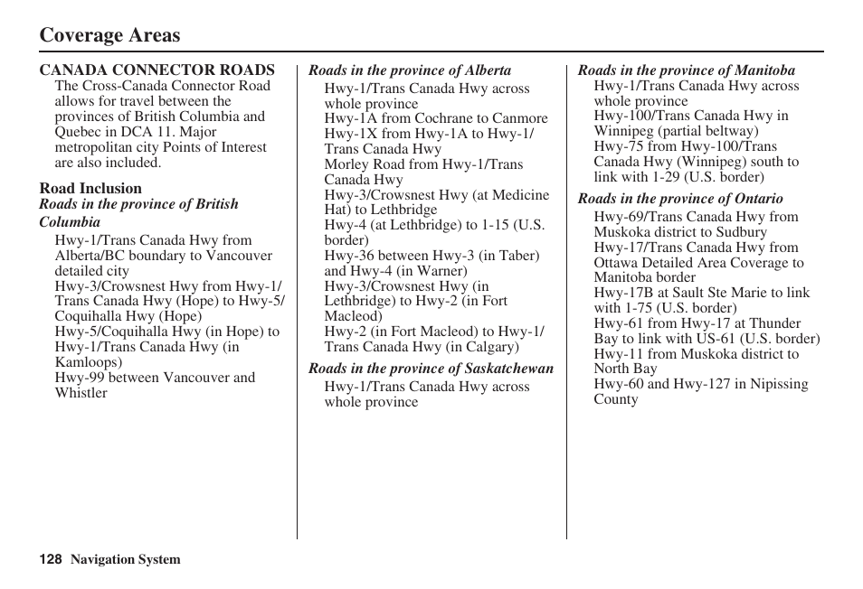 Coverage areas | Acura 2009 RDX 00X31-STK-8200 User Manual | Page 129 / 164