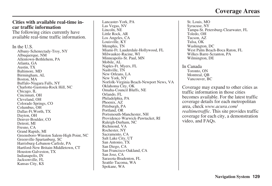 Coverage areas | Acura 2009 RDX 00X31-STK-8200 User Manual | Page 130 / 164