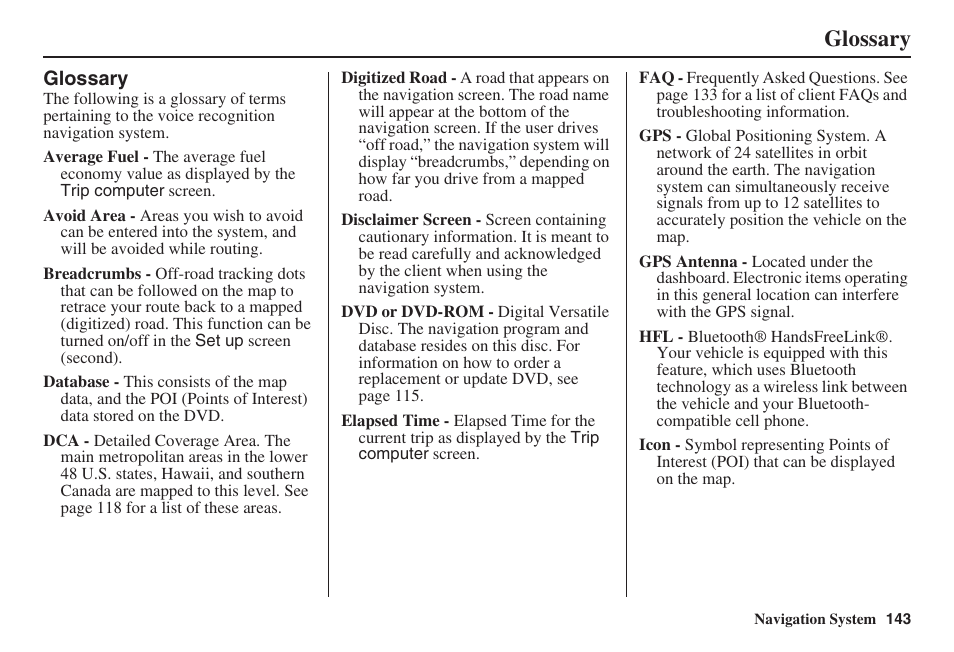 Glossary | Acura 2009 RDX 00X31-STK-8200 User Manual | Page 144 / 164