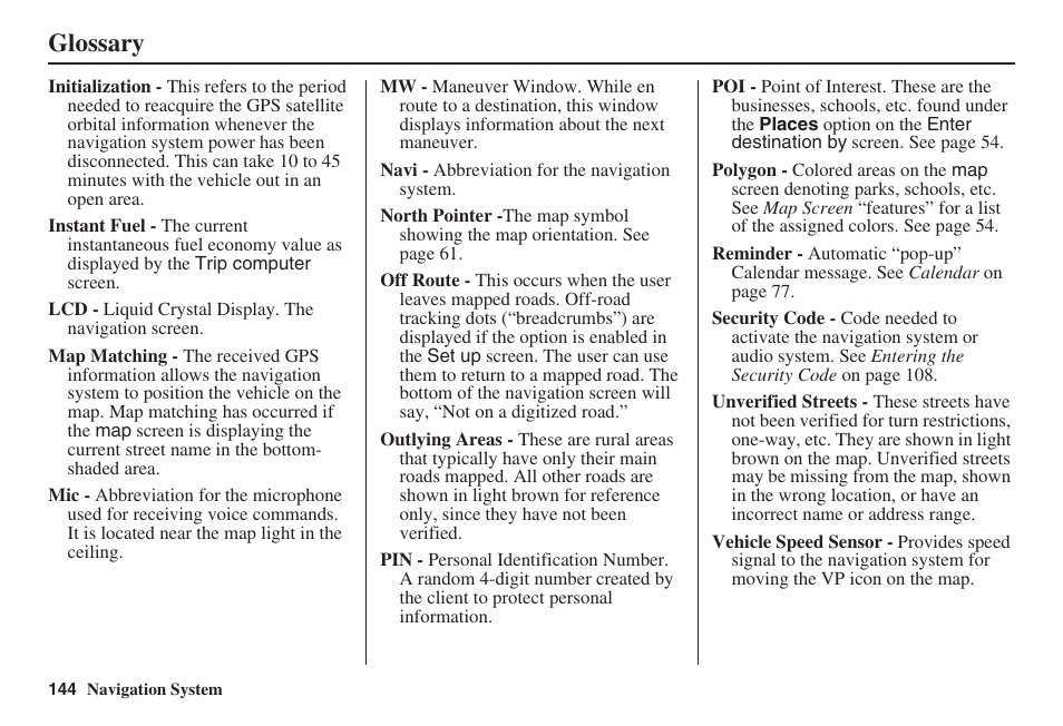 Glossary | Acura 2009 RDX 00X31-STK-8200 User Manual | Page 145 / 164